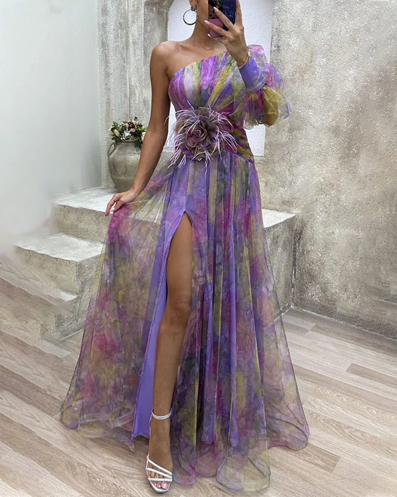 Robe de soirée femme – Une épaule – Fente haute – Tissu fluide élégant