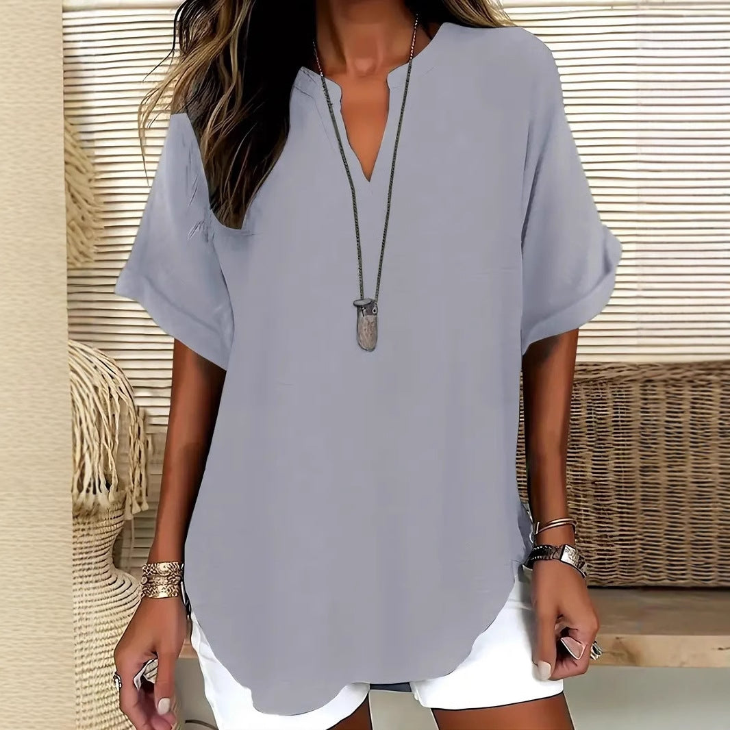 Women's Blouse – Relaxed Fit – Short Sleeves – Breathable Natural Fibers