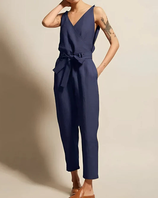 Women's sleeveless jumpsuit – Cotton – Tie belt – Flowing straight cut