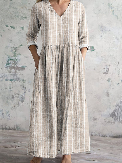 Women's long dress – Natural fibers – Flowing cut – Long sleeves – V-neck – Striped