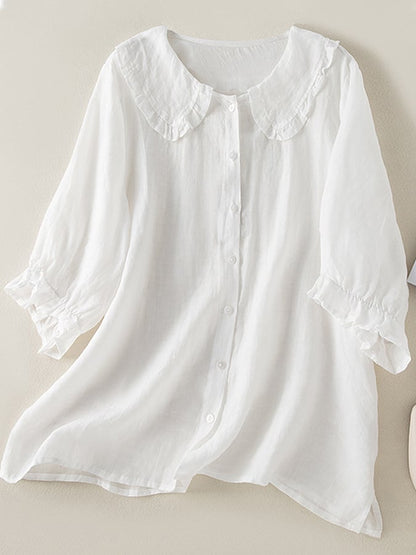 Chemise femme ample – Fibres naturelles – Col Claudine à volants – Manches 3/4