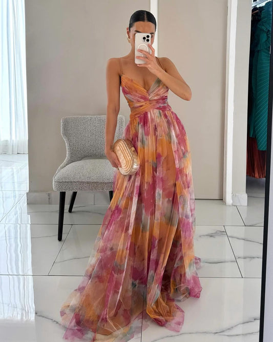 Robe longue femme – Décolleté cœur – Bretelles fines – Jupe fluide à volants
