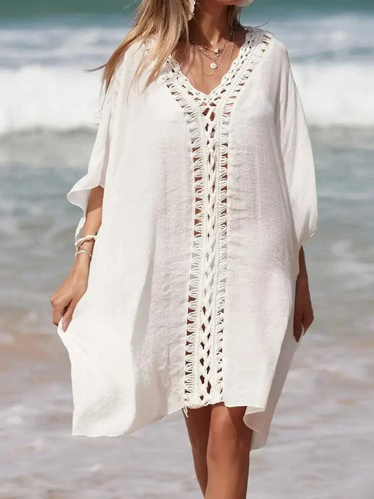 Women's kimono – Fluid cut – Natural fibers – Short sleeves – V-neck lace