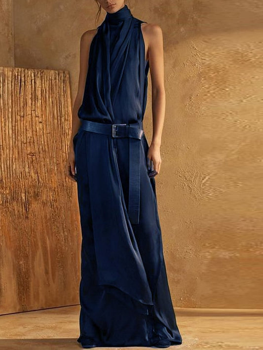 Robe maxi femme – Col montant – Sans manches – Ceinture intégrée
