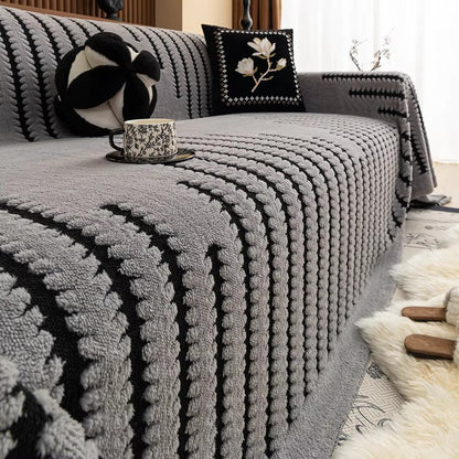 Tufted Chenille Tassel-Trim Sofa Cover