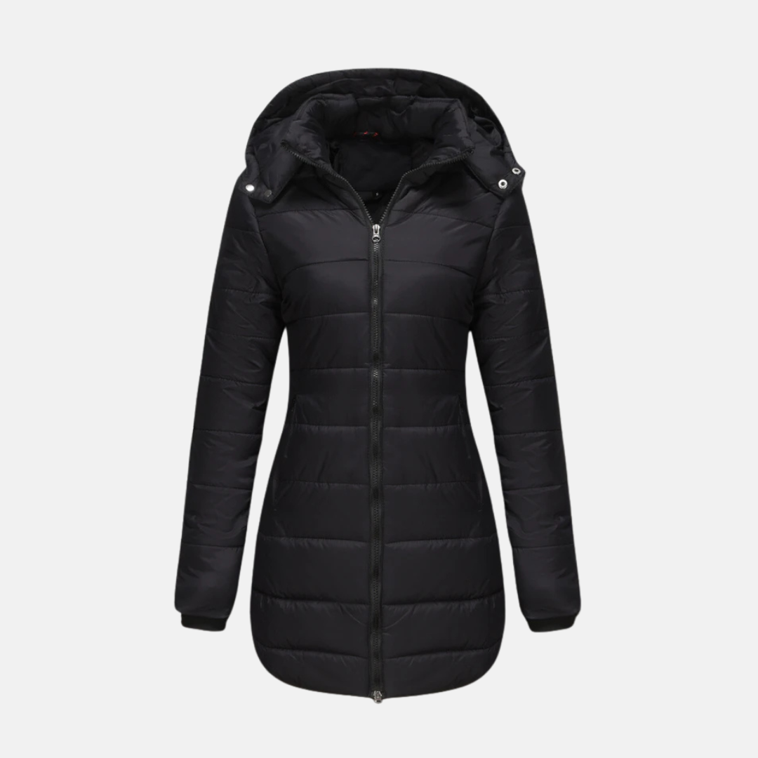 Women's Quilted Coat - Woven Fabric - Straight Cut - Mid-thigh Length - Attached Hood