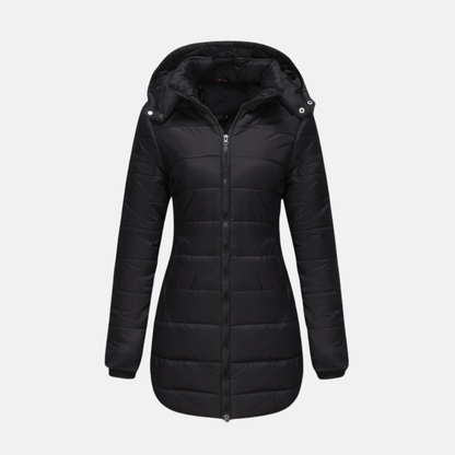 Women's Quilted Coat - Woven Fabric - Straight Cut - Mid-thigh Length - Attached Hood