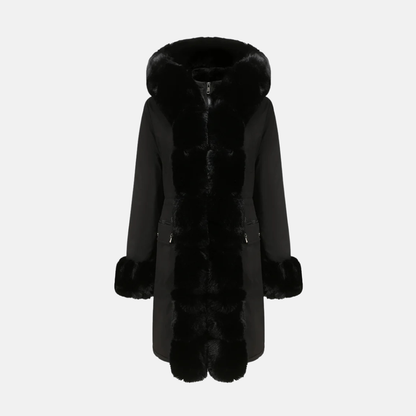 Women's Long Coat - Woven Fabric - Fur Hood - Straight Cut