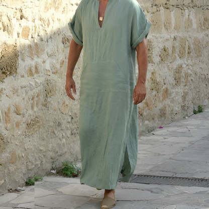 Men's long shirt dress – Loose fit – Breathable fabric – V-neck – Short sleeves