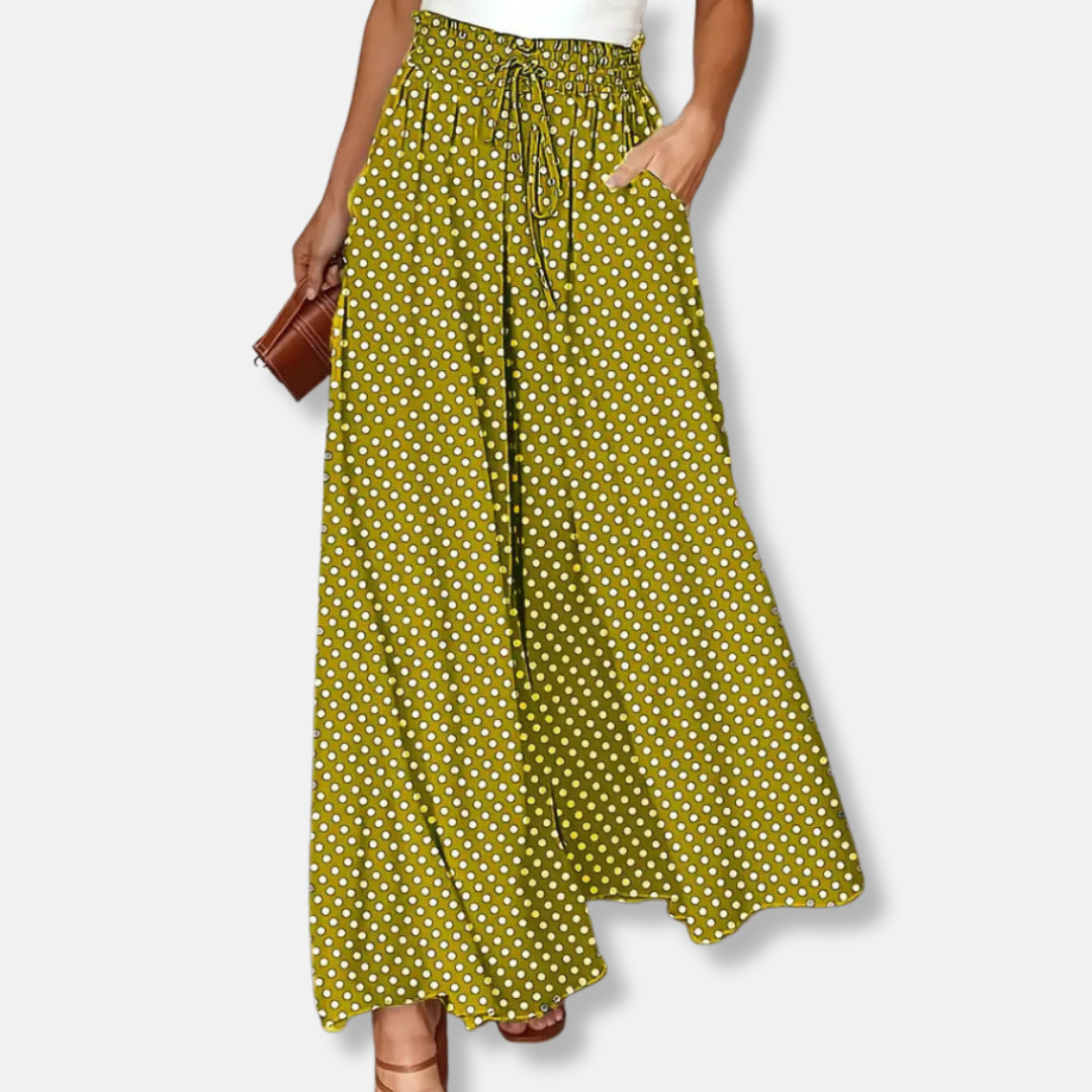 Wide women's pants – Flowy cut – Adjustable waist – Breathable fabric – Polka dot print