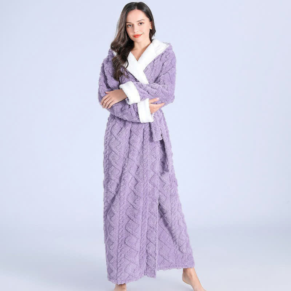 Plush Cable-Knit Hooded Sherpa-Trim Bathrobe