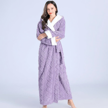 Plush Cable-Knit Hooded Sherpa-Trim Bathrobe