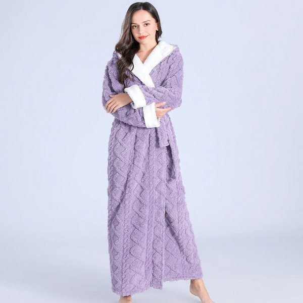 Plush Cable-Knit Hooded Sherpa-Trim Bathrobe
