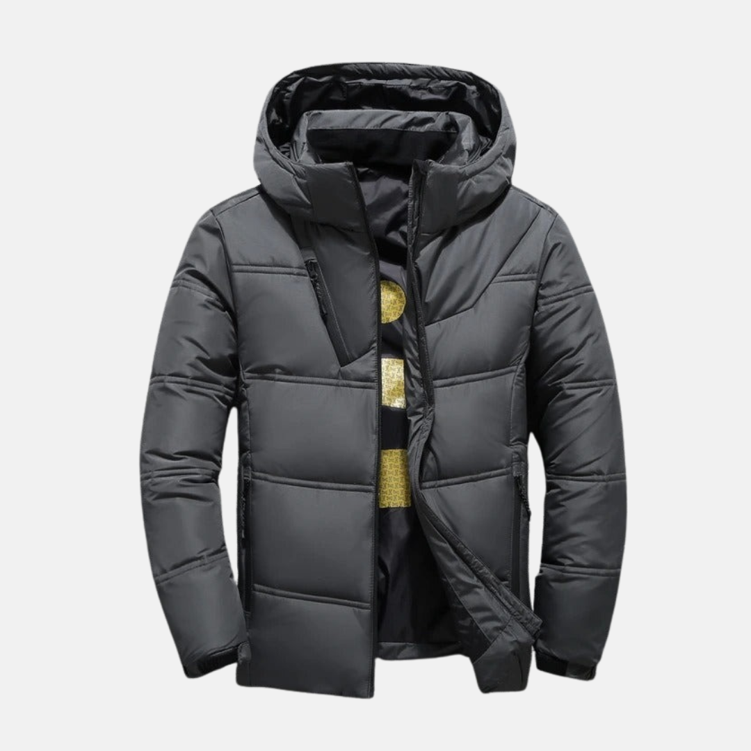 Men's Puffer Jacket - Synthetic Fabric - Stand-up Collar Hood - Waist Length