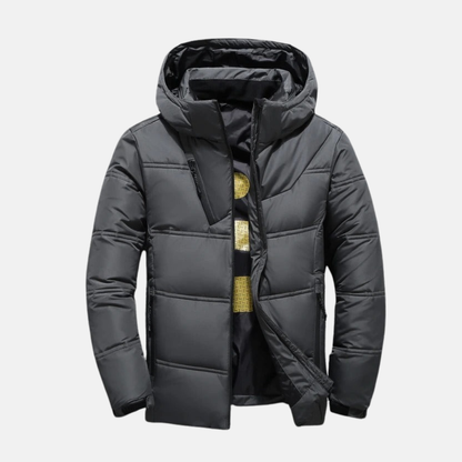 Men's Puffer Jacket - Synthetic Fabric - Stand-up Collar Hood - Waist Length