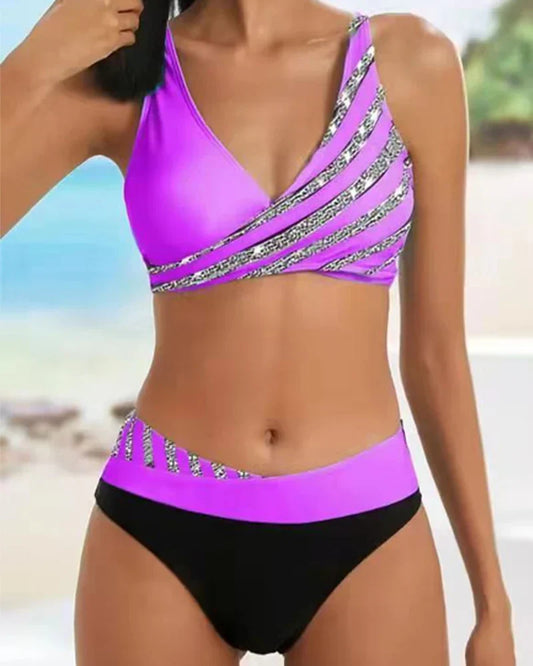 Bikini Set women – Fitted crossover top – High waist – Breathable stretch fabric – Stripes