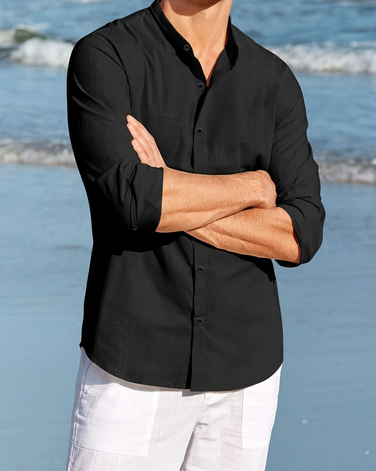 Men's shirt – Relaxed fit – Breathable fabric – Mandarin collar – Long sleeves