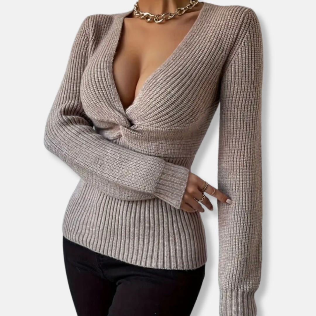 Clara Ribbed V-Neck Sweater | Twist Front Fitted Sweater