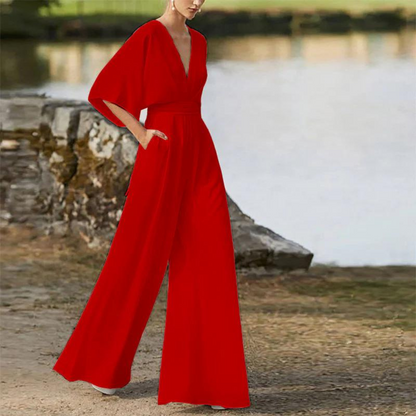 Jumpsuit woman – V-neck – Loose fit – Mid-length sleeves – Wide legs