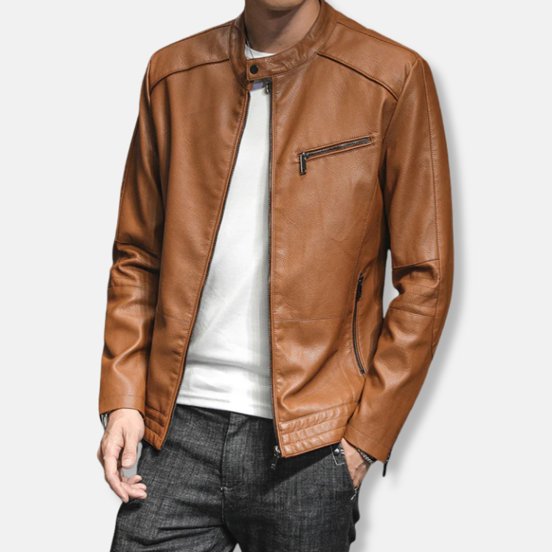 Men's biker jacket – Slim fitted cut – Stand collar – Zipped closure – Casual style