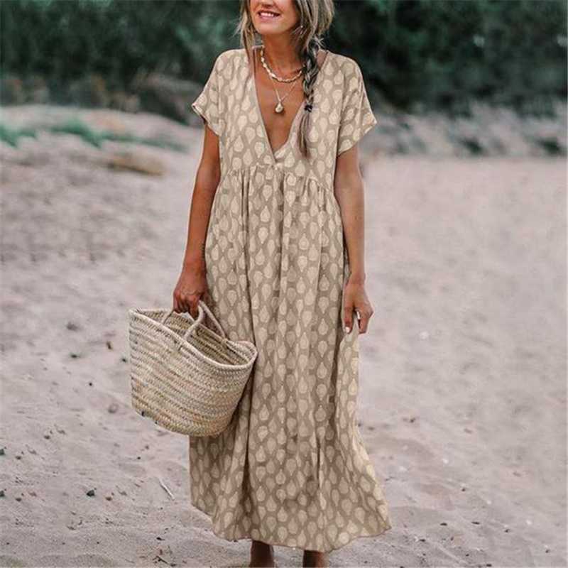 Women's long dress – Flowing cut – Natural fabric – Short sleeves – V-neck