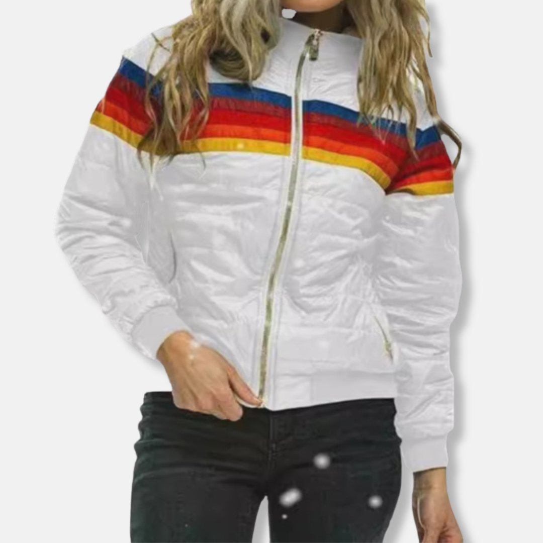 Women's Puffer Jacket - Slim Fit - Stand Collar - Hip Length - Zip-Up Closure