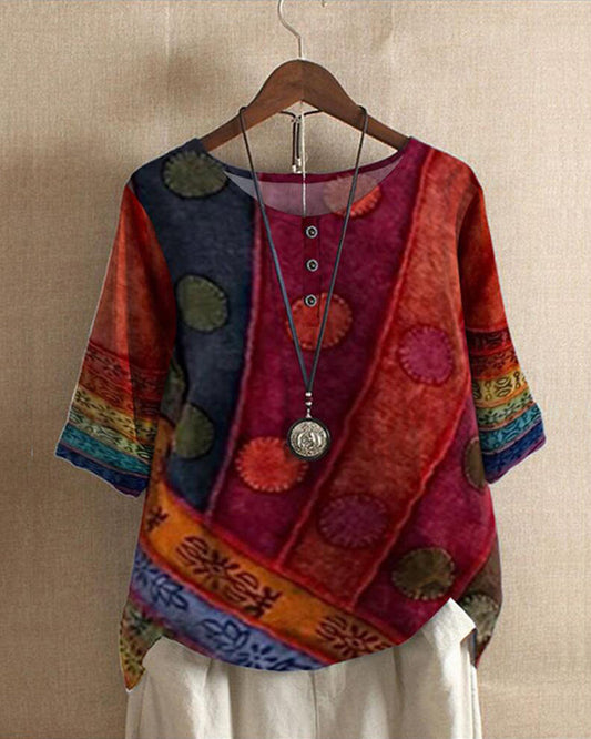 Blouse Femme Bohème – Coupe Ample – Fibres Naturelles – Manches 3/4 – Boutonnée