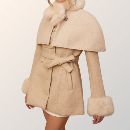 Ginevra A-Line Cape Coat | Belted Waist Fur Trim Cape Coat