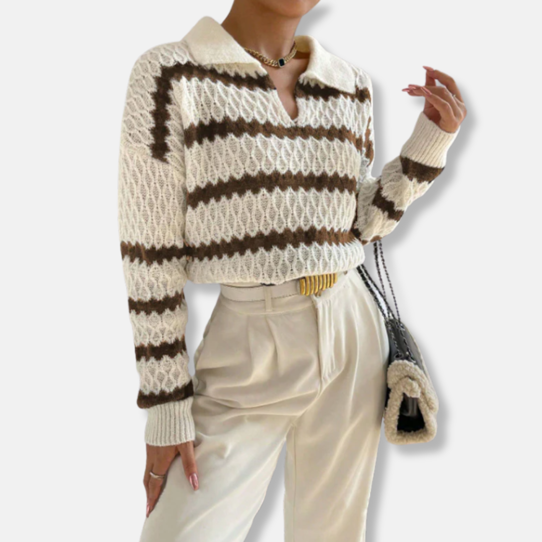 Caterina Wool Cropped Polo Sweater | Striped V-Neck Polo Sweater