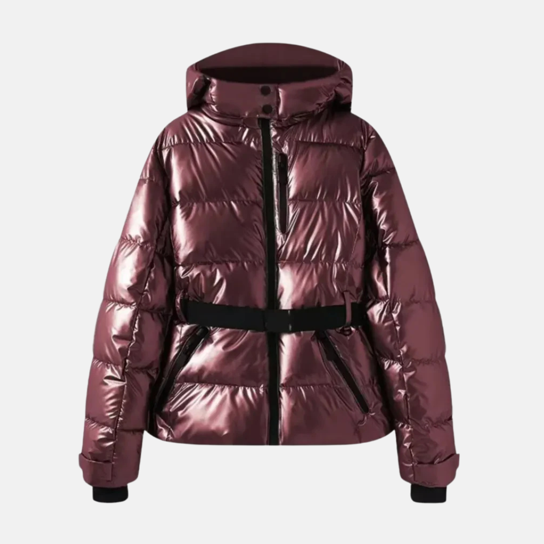 Women's Ski Jacket - Puffer Insulated - Belted Fit - Stand-Up Collar With Hood