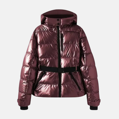 Women's Ski Jacket - Puffer Insulated - Belted Fit - Stand-Up Collar With Hood