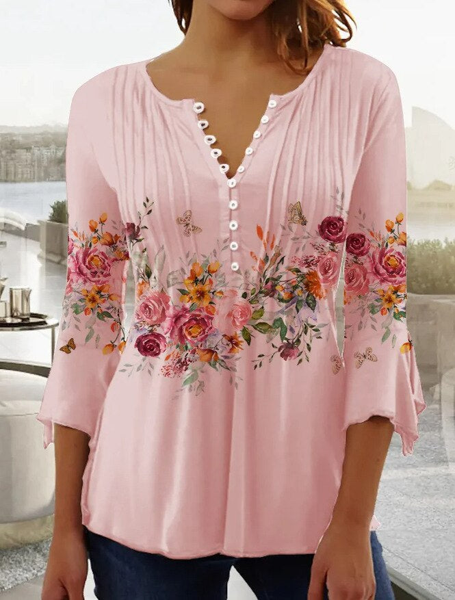 Haut femme – Coupe décontractée – Imprimé fleuri – Manches 3/4 – Tissu respirant