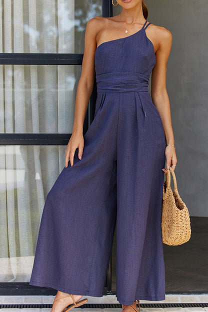 Women's Jumpsuit – Fitted Cut – Flared Legs – Asymmetrical Neckline – Breathable Fabric