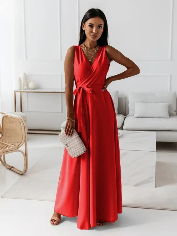 Robe longue femme – Coupe fluide – Sans manches – Décolleté en V – Taille ceinturée