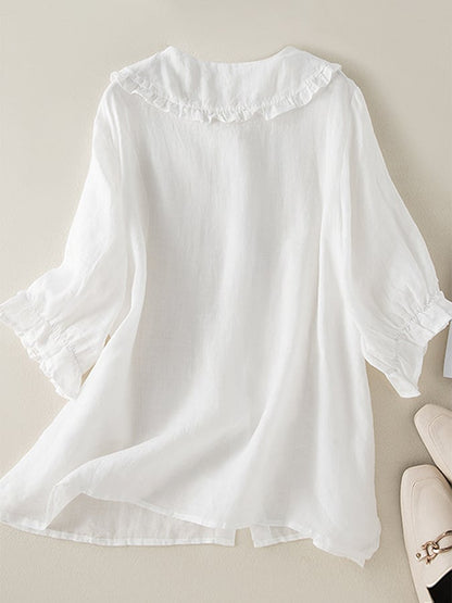 Chemise femme ample – Fibres naturelles – Col Claudine à volants – Manches 3/4