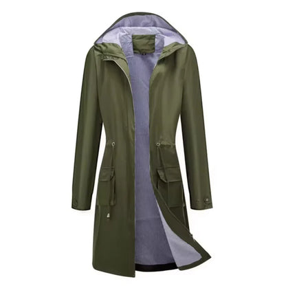 Women's long jacket – relaxed fit – water-repellent – adjustable waist – hood