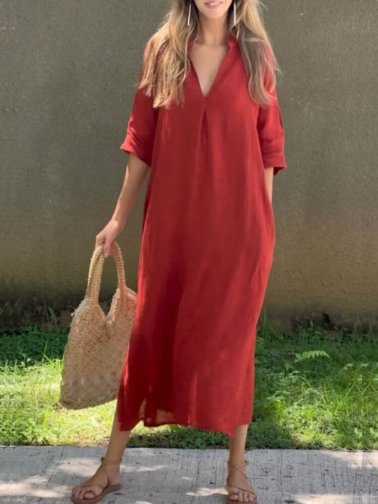 Robe midi femme – Coupe ample – Col en V – Manches mi-longues – Tissu coton respirant