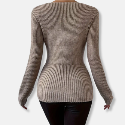 Clara Ribbed V-Neck Sweater | Twist Front Fitted Sweater