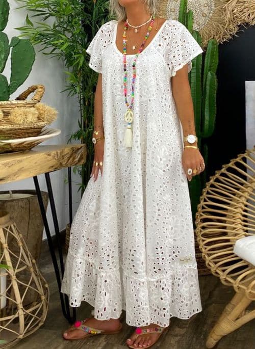 Women's long dress – Loose fit – Eyelet embroidery – Natural breathable fabric
