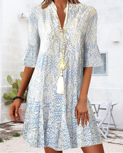 Women's Mini Dress – Loose Fit – Mid-length Sleeves – V Neck – Breathable Fabric Boho