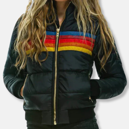 Women's Puffer Jacket - Slim Fit - Stand Collar - Hip Length - Zip-Up Closure