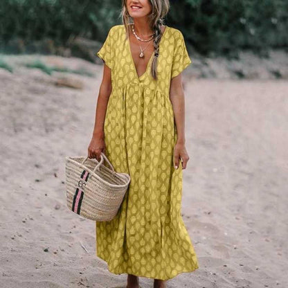 Women's long dress – Flowing cut – Natural fabric – Short sleeves – V-neck