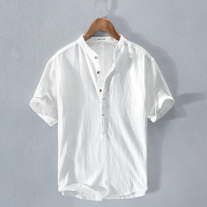 Men's short-sleeve shirt – Relaxed fit – Mao collar – Breathable natural fibers