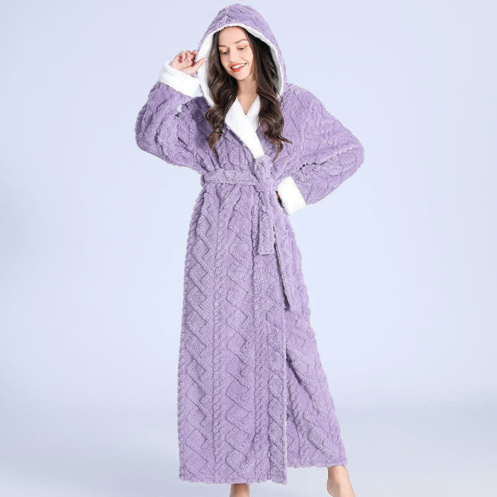 Plush Cable-Knit Hooded Sherpa-Trim Bathrobe