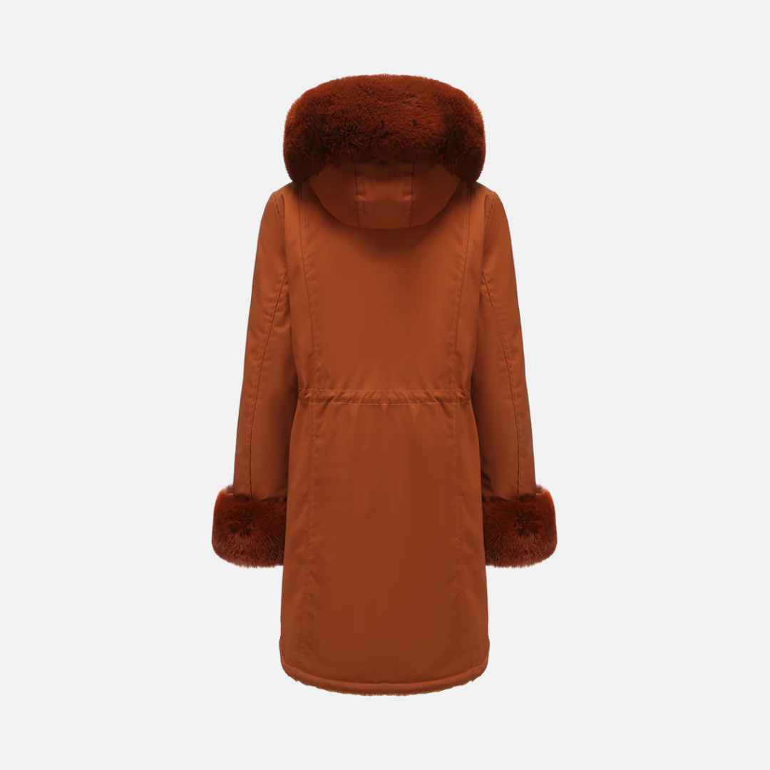 Women's Long Coat - Woven Fabric - Fur Hood - Straight Cut