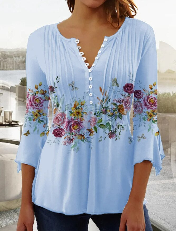 Haut femme – Coupe décontractée – Imprimé fleuri – Manches 3/4 – Tissu respirant