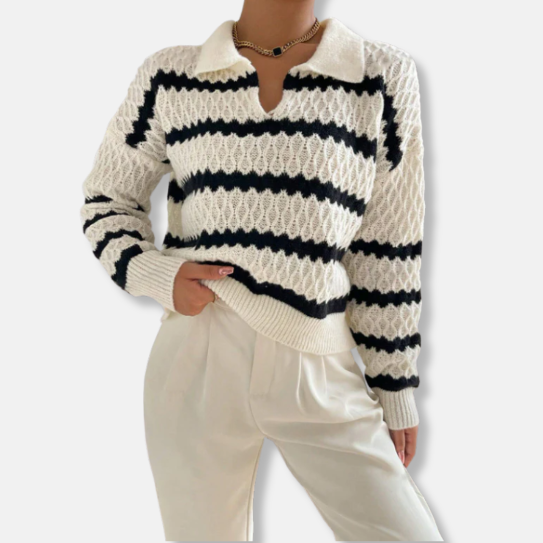 Caterina Wool Cropped Polo Sweater | Striped V-Neck Polo Sweater