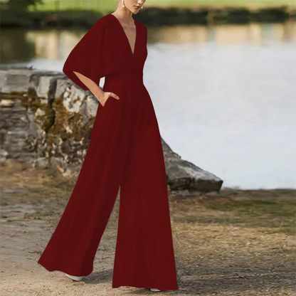 Jumpsuit woman – V-neck – Loose fit – Mid-length sleeves – Wide legs