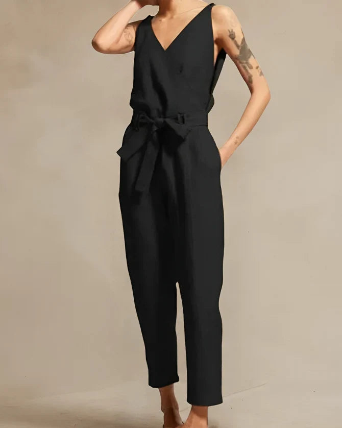 Women's sleeveless jumpsuit – Cotton – Tie belt – Flowing straight cut