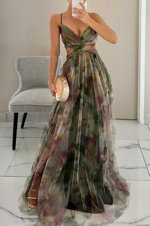 Robe longue femme – Décolleté cœur – Bretelles fines – Jupe fluide à volants